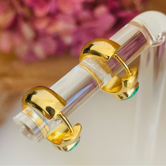 ! TOUS S925 Gold Overly Green Malachite Bear Mini Hoops Hinges Earrings - Picture 5 of 10